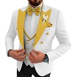 msatuy Jacquard Gold and White Suit for Men 3 Piece Mens Tuxedo Suit Set Double Breasted Wedding Suits for Men 3 Piece Floral Tuxedo for Mens M
