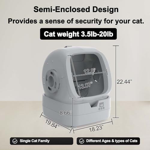 Mintakawa Automatic Cat Litter Box Self Cleaning - APP Control and Weight Monitoring - Ultra-Quiet, Suitable for Medium Cats and Kittens, Safe Anti-Pinch Litter Box (Assembly Required) - Light Grey