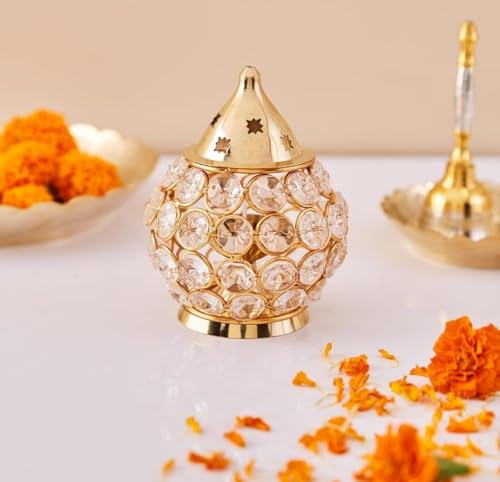 4OUR FAITH Brass Akhand Pooja Diya for Diwali Crystal Oil Lamp Decorative Brass Deepam with Premium Stones for Diwali Perfect for Deepawali Decoration - Golden