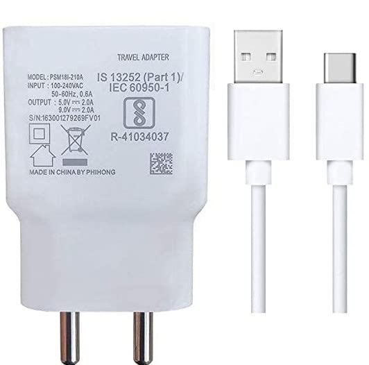 Image of The Black Store Original 18W Type-C Charger for Samsung A31|A 31|M11|Tab S6 Lite|A31|A41|M21 Charger|Qualcomm QC 3.0 Quick CAF, Rapid, Dash, VOOC, USB Type C(Adapter & Cable)-White (83S000734)