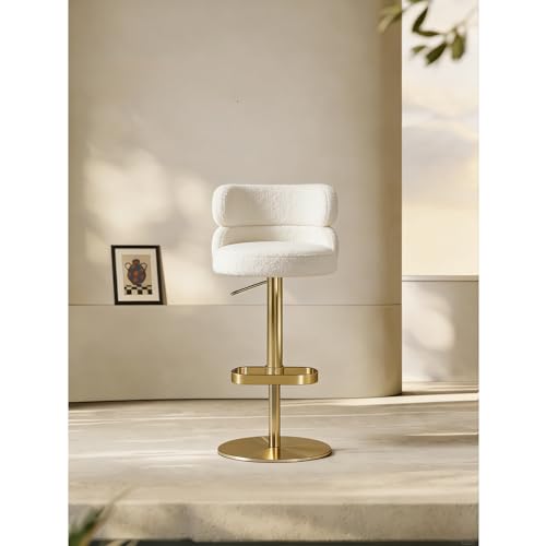 Butaco giratorio ajustable con respaldo, blanco y base dorada | Asiento acolchado en bouclé, respaldo acolchado, altura ajustable, giro de 360° y base dorada para islas de cocina y bares domésticos.