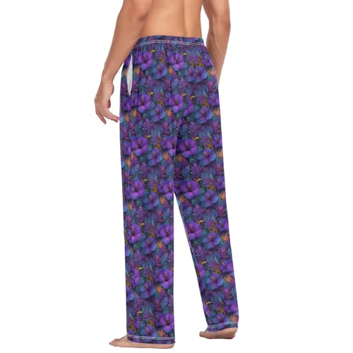 Aflyko Botanic Men's Pajama Pants Hibiscus Flower Purple Leaves Pjs Sleepwear Bottoms3