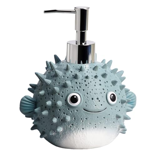 CHOOLD Resin Pufferfish Soap Dispenser with Plastic Pump Refillable Lotion Hand Soap Container Lotion Bottle Blue