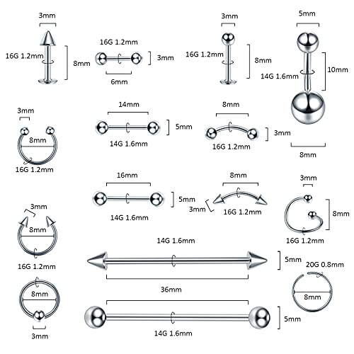 Xpircn 150PCS Piercing Kit Jewelry Stainless Steel Lip Nose Tongue Tragus Cartilage Daith Eeybrow Belly Button Rings Body Piercing Tools 14G 16G 20G2