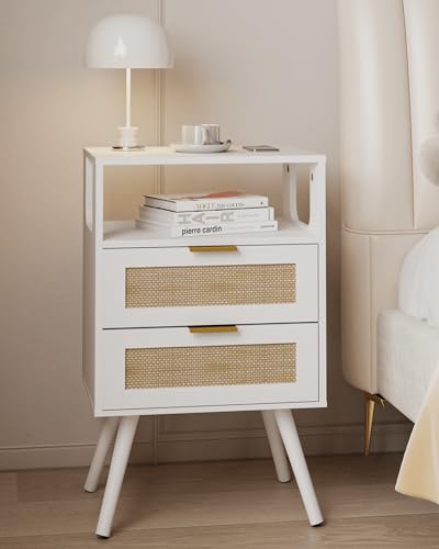 JOONEE Rattan Nightstand,Farmhouse Bedside Table with 2 Storage Drawer and Open Wood Shelf, for Bedroom and Small Spaces,Night Stand with Solid Wood Legs (White)