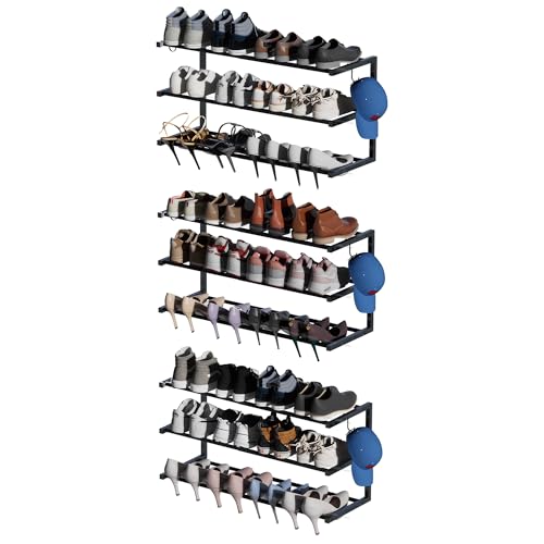 3-Pack Wall Mount Shoe Rack, 3 Tiers, Holds 36 Pairs, Black