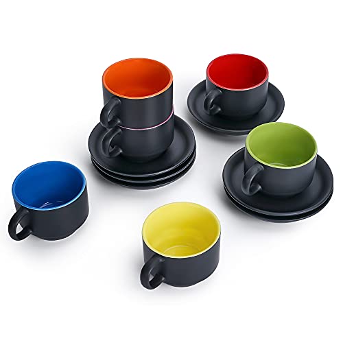 Miamio - 2.5 Oz Espresso Cup Set With Saucers Coffee Mug Set Of 6 - Ceramic Coffee Mug Stackable Espresso Mug With Stand For Coffee Drinks, Latte, Cafe Mocha - Le Papillon Collection (Colorful) #TOP1