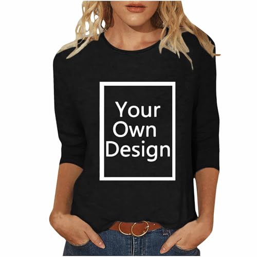 3/4 Sleeve Custom T Shirts for Women Design Your Own Shirt Add Image Personalized Soft Tee Tops Printed Photo Front Black