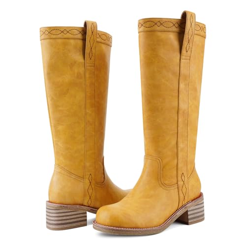 Image of UBWDU Women's Knee High Boots Chunky Block Heel Long Boots Square Toe Low Heel Boots for Women