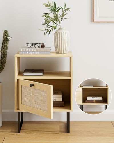 Image of Masupu Rattan Nightstand,Modern Boho Farmhouse Wood Bedside Table with Storage Drawer and Open Shelf,Small Black Frame Side End Table for Bedroom,Living Room,Office (Natural)
