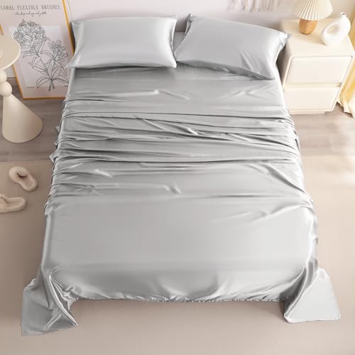 NTBAY Queen Satin Sheet Set, 4 Piece, Silver Grey - image 3