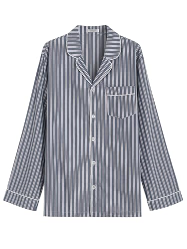 Latuza Men's Button Up Pajama Shirt Cotton Long Sleeve Sleep Shirt, Charcoal Stripe, Large
