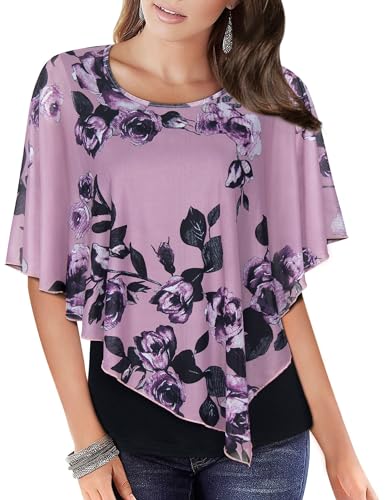 MOQIVGI Spring Tops for Women 2025 Trendy Dressy Casual Floral Shirts Cute Dolman Sleeve Scoop Neck Poncho Style Blouses Pink Medium