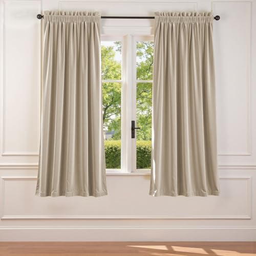 Image of Beige Velvet Curtains Neutral Rod Pocket 52x72 Inch 2 Panels | Soft Velvet, Room Darkening, For Small Windows, Kitchens & Bathrooms, Light Shifting Texture, Elegant Drape, Cozy