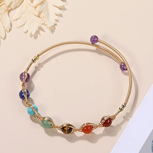 Top Plaza 7 Chakra Yoga Meditation Bracelet Healing Crystal Stone Bead Cuff Bracelets Adjustable 14K Gold Plated Bracelets For Women Girls Ladies Girlfriend Birthday Gifts #TOP3