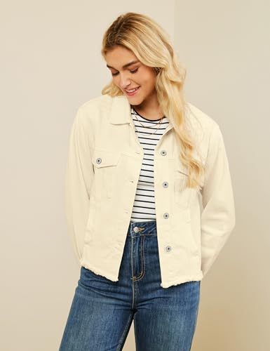 Image of luvamia Denim Jacket for Women Distressed Jean Jackets Button Up Vintage Western Trucker Jacket Frayed Hem Pockets
