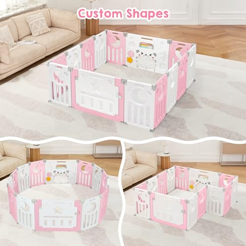Baby Playpen, Dripex Baby Playard for Babies and Toddlers, 14-Panel Foldable Playpen Adjustable Portable Play Area, Indoor/Outdoor Kids Active Center with Game Panel & Safety Gate, Pink White