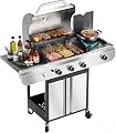 3-Burner Propane Gas Grill with Side Burner, 34,000 BTU Stainless Steel BBQ Grill – Heavy-Duty Porcelain-Enameled Grates for Patio and Outdoor Cooking