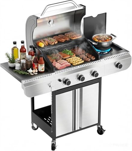 3-Burner Propane Gas Grill with Side Burner, 34,000 BTU Stainless Steel BBQ Grill – Heavy-Duty Porcelain-Enameled Grates for Patio and Outdoor Cooking