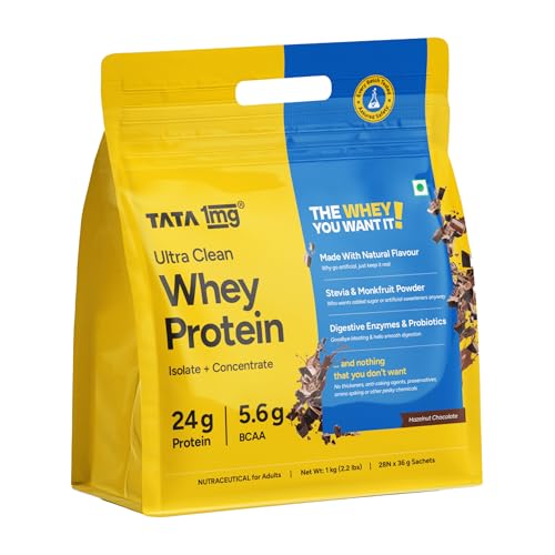Tata 1mg Ultra Clean Whey Protein Isolate + Concentrate - Chocolate 1kg (2.2 lbs)| 24g Protein, 5.6g BCAA & 30B CFU Probiotics | Lab-Tested, No Added 