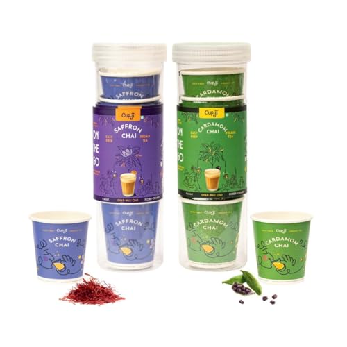 Image of Cup-Ji Cardamom & Saffron Premix Cup Combo | Instant Tea Premix | Instant Chai | Travel Friendly | 14 Cups with 210 ml Size
