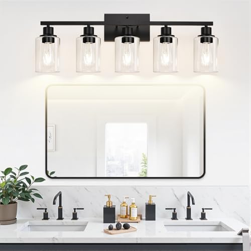Image of Indoi 5-Light Bathroom Light Fixtures, Matte Black Modern Vanity Lights with Clear Glass Shades, Bathroom Wall Lamp for Mirror Living Room Cabinet Bedroom Porch