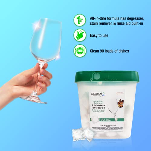 Image of Excelsior HE All-In-One Dishwasher Detergent Pods includes 90 Dishwasher pods with built-in rinse aid for an amazing shine & leaving a gentle citrus scent