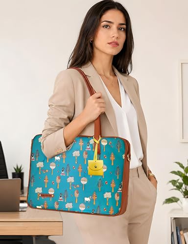 Image of Funk For Hire Women's Teal Blue Printed Vegan Leather 15.6 inch Laptop Handbag Sling with Waterproof Nylon Lining Cushioned Sleeve Adjustable Padded Shoulder Strap