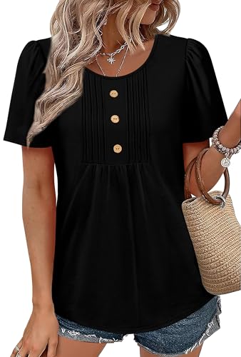 Image of Womens Tops Dressy Casual Blouses Short Sleeve Shirts Plus Size Fashion Clothing Spring Summer Outfits Button Pleated Front