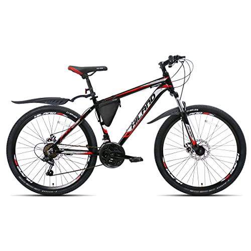 Hiland Mountainbike MTB 26 Zoll mit Rahmentasche 17 Zoll Aluminiumrahmen Scheibenbremse Speichenräder Jugendliche Fahrad Herr Damen Einteiliges Fahrradrad Schwarz&Rot Cover