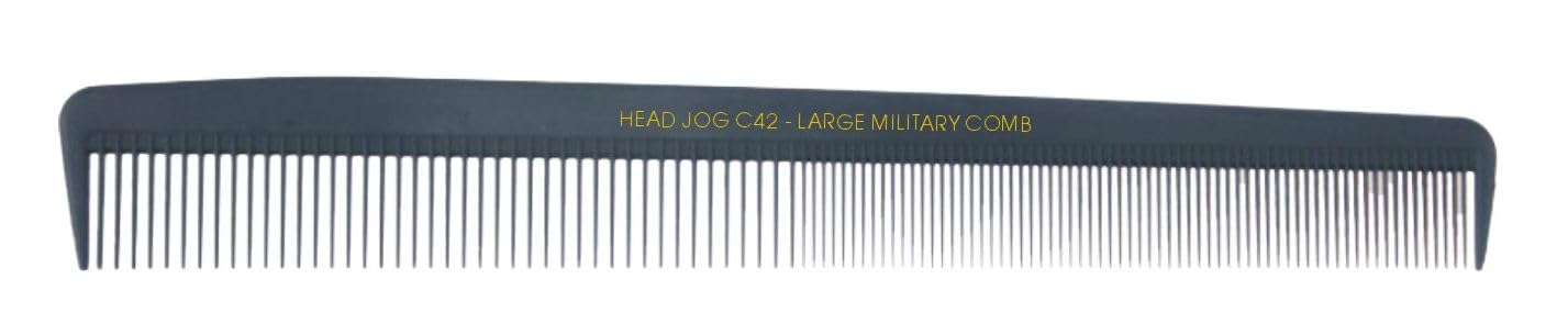 Head Jog C42 Large Military Hair Comb, Durable Heat Resistant Carbon Fibre Comb Perfect For Styling, Teasing, Highlighting, Sectioning Comb Ideal For Long, Thick, Wavy Hair & Extensions Black Comb