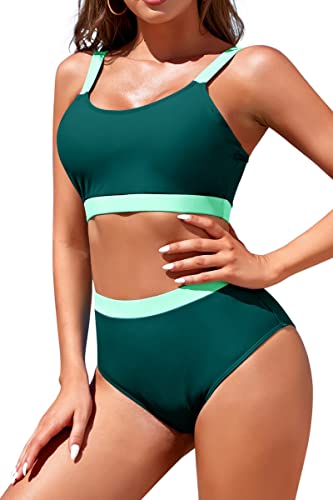 Image of Womens High Waisted Bikini Sets Sporty Crop Top Color Block Swimwear Bandeau Scoop Neck Vintage Two Piece Bathing Suits