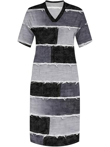 Image of SUZONANA Plus Size Denim Print Maxi Dresses for Women Casual V Neck Short Sleeve with Pockets Soft Jean Look Dress XL-6XL