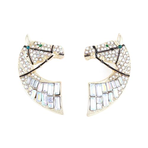 Pink Crystal Rhinestone Horse Earrings Gold Tone Statement Earrings with Baguette Stones (White)
