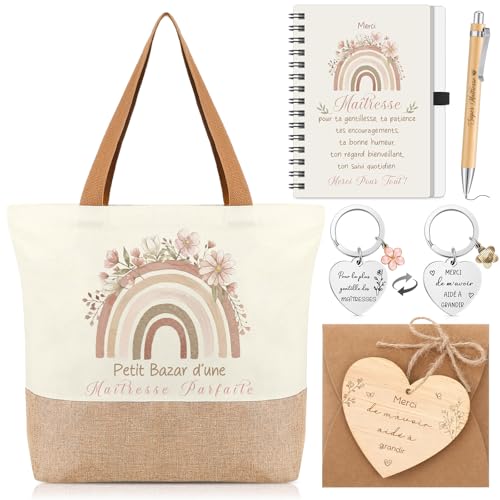 Xuniea 6 Pièces Cadeaux Merci pour Maîtresse d'École Sac Fourre-Tout Porte-Clés Stylo Carnet à Spirale Enveloppe Plaque de Cœur Cdaeau de Remerciement...