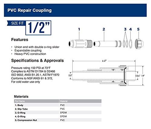 Image of Midline Valve 567SD012 Heavy Duty PVC Repair Coupling; Expandable Pipe Fitting; 1 /2''; White Plastic