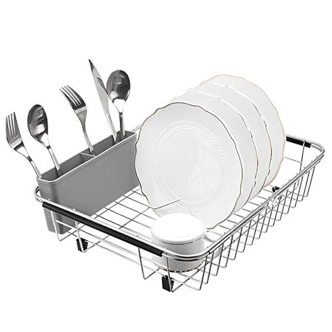 SANNO Expandable Dish Drying Rack,Dish Drainer,Dish Plate Holder Basket in Sink or On Counter with Utensil Silverware Storage Holder, Over The Sink,Rustproof Stainless Steel