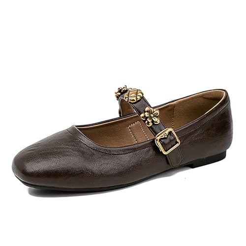 Women's Retro Leather Flat Mary Janes with Adjustable Metal Buckle Fashion Square Toe Slip On Soft Sole Ballet Flats for Business Casual Work Office