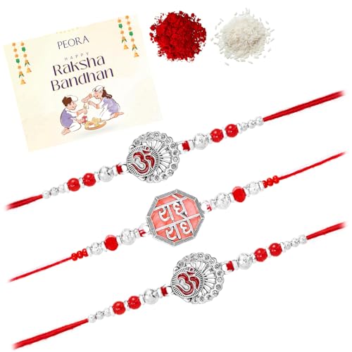 Image of Peora Rakhshabandhan Thread Rakhi for Brother Bhaiya | Crystals & Kundan Studded | Combo, Set of 3 | Rakhi Hamper with Roli Chawal & Greeting Card