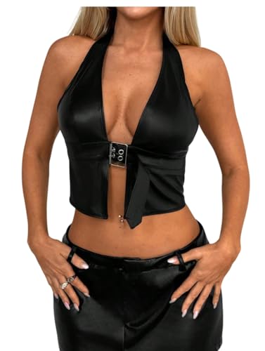 SOLY HUX Women's Y2k PU Leather Halter Crop Tops Open Back Sleeveless Tank Tops Rave Festival Outfit