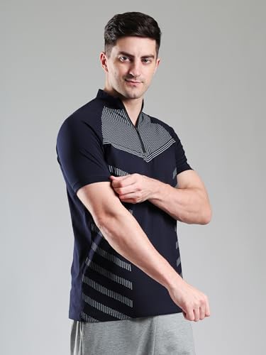 Image of GROW Stylish Aeroflex Zip T Shirt for Men Workout | Cotton and Spandex Quarter Zip Back Printed Collar T-Shirts for Men Half Sleeves