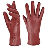 Harssidanzar Leather Gloves For Women,Winter Warm Cashmere Lining Touchscreen Texting Warm Driving Lambskin Leather Glove GL017, Red, Size L