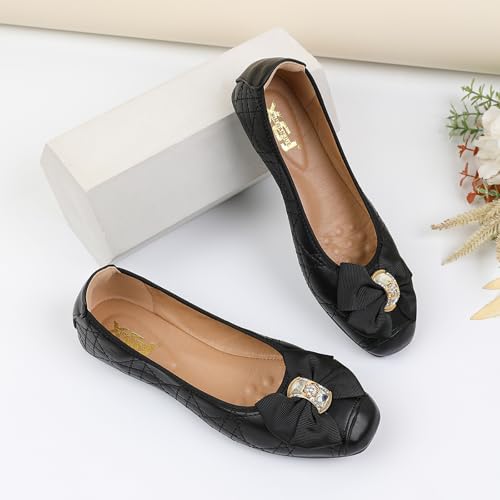 Unifizz Womens Ballet Flats Bling Rhinestone Square Toe Comfort Slip On Walk Work Loafers Bow Bridal Dress Shoes3