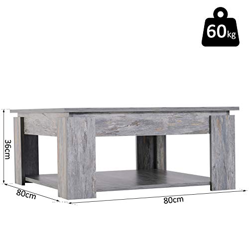 HOMCOM 2 Tier Wood Coffee Table Side Table Bottom Storage Shelf Simple Modern Living Room Grey Wood Grain - Image 3