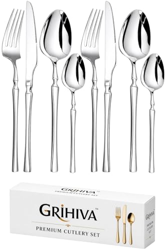 Image of 8 Pcs Silver Slim Handle Stainless Steel Cutlery Set for Dining Table with Spoons and Forks Set + Butterknives - The Perfect Tableware /Flatware