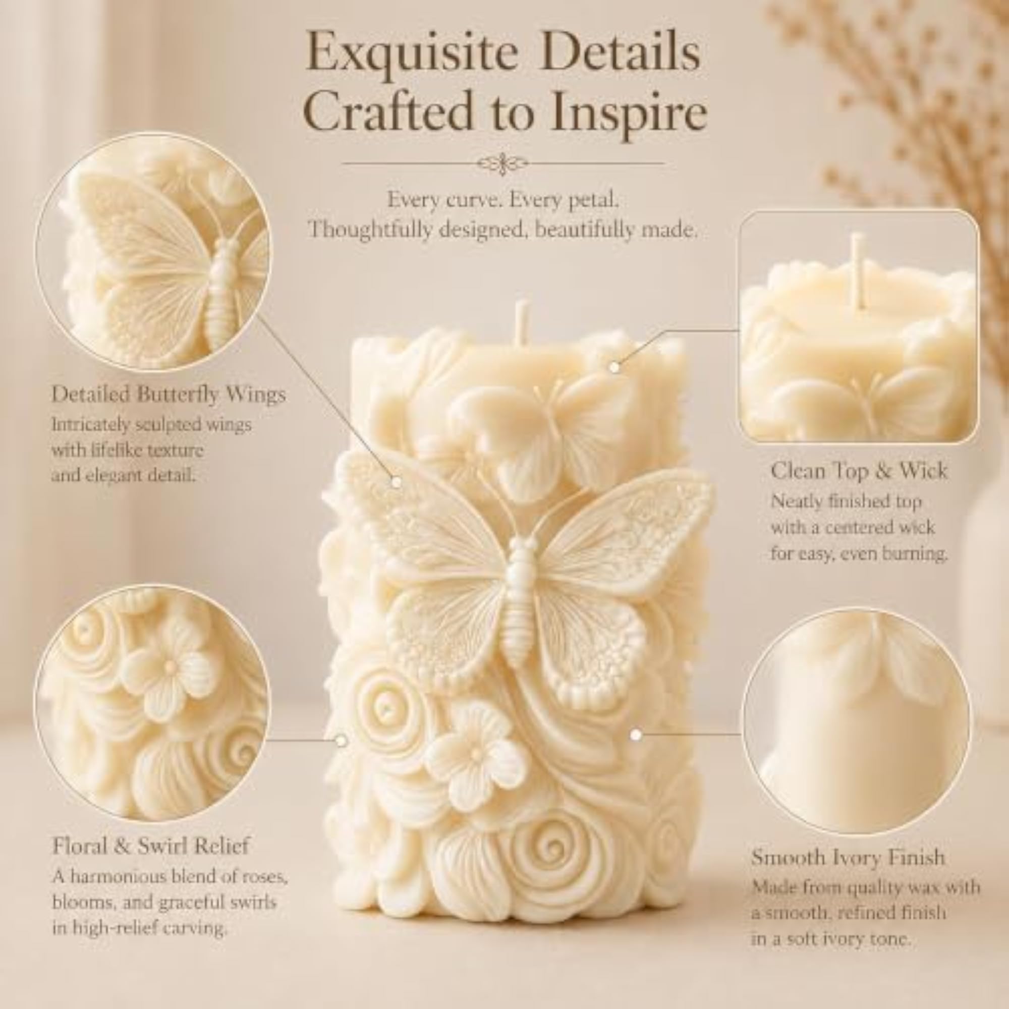 Handmade 3D Butterfly Sculpted Wax Pillar Candle