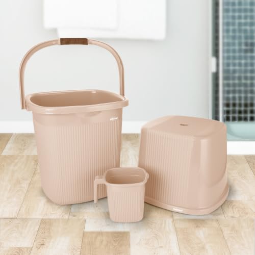 Image of Nayasa Rimmy 20, 3 Pcs Bathroom Set (18 L Bucket + 1 L Mug + Stool), Beige