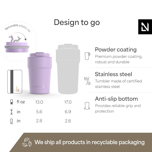 Image of LARS NYSOM Thermo Coffee Mug to go 13oz | Travel Mug 0.38 Liter with Insulation | Silicone grip base | Leak Proof Stainless Steel Tumbler for Coffee and Tea on the Go (Powder Purple, 13oz)