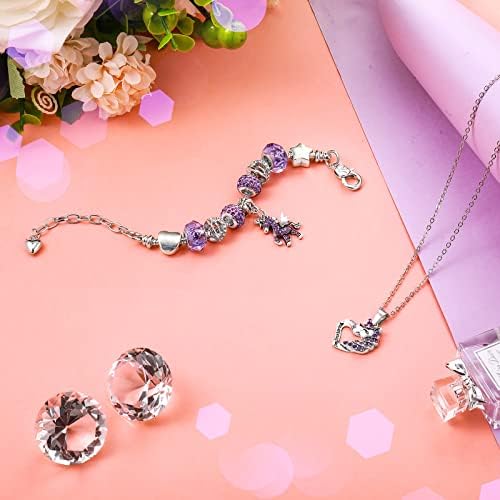 Yaomiao Christmas Unicorns Gifts for Girls Jewelry set Unicorn Crystal Necklaces Heart Charm Bracelets for Girls Women Jewelry with Sliver Snake Chain Bracelet Greeting Card Unicorn Gift Box