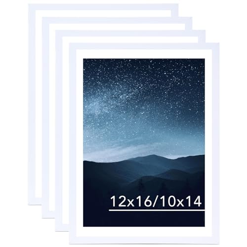 JCJMY 12x16 Picture Frame Set of 4 White with 10x14 Mat for 30 x 40cm Diamond Art Painting, Display Photo 10x14 with Mat or 12 x 16 Without Mat, Wall Hanging Large Frame, 4 Pack, White